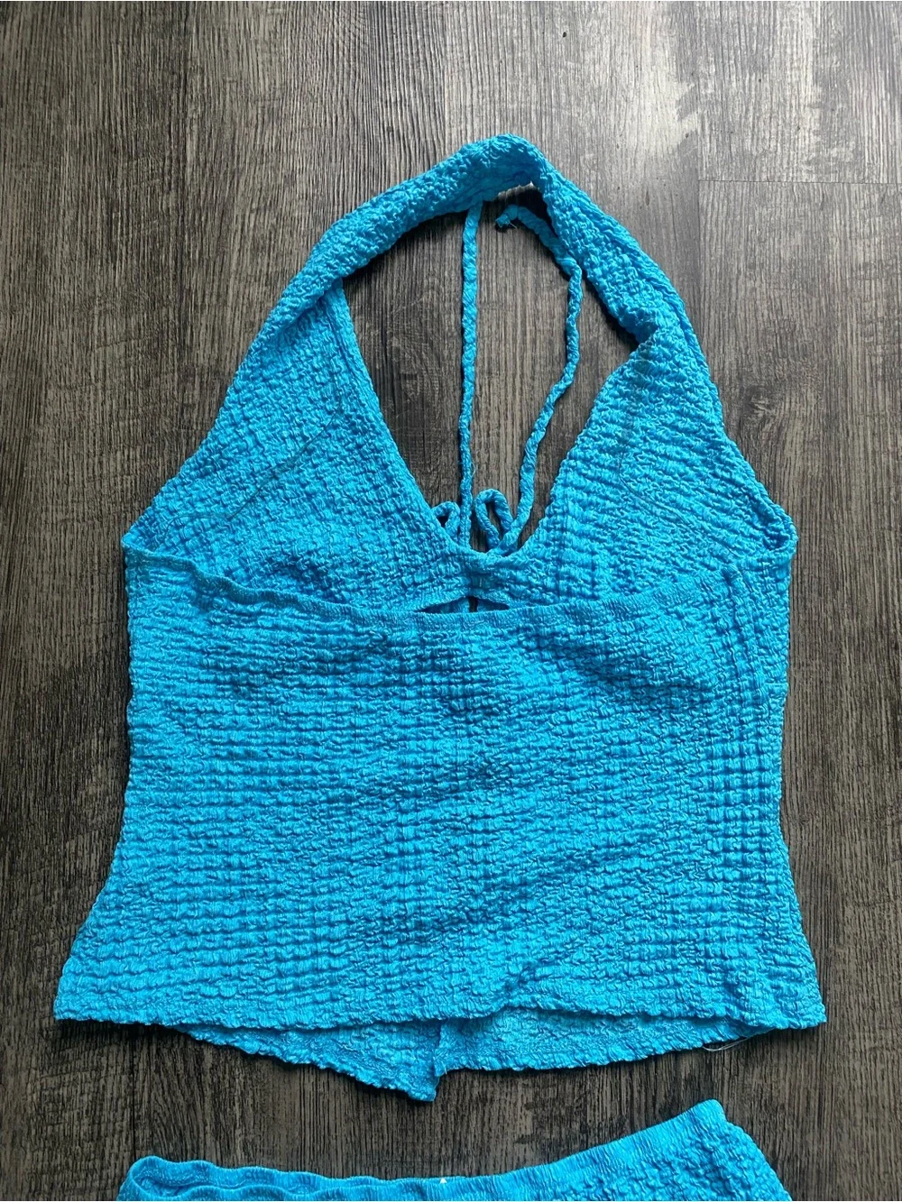 See You Monday Womens XL Blue Textured Crinkle Halter Top Shorts Set 2 Piece